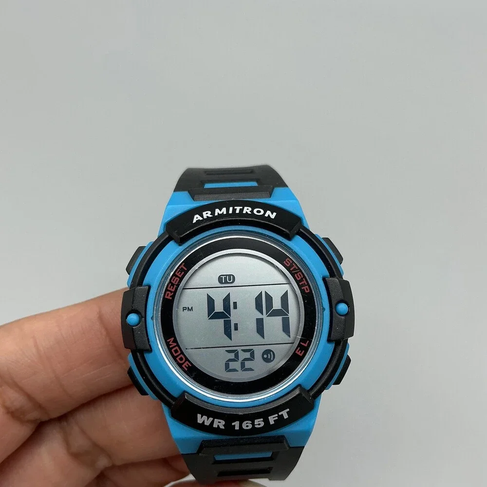 Armitron Pro Sport Boys Watch 36mm Digital Silver Tone Black Blue Strap 165FT WR